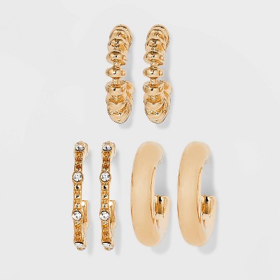  Textured Hoop Trio Earring Set 3pc - Wild Fable™ Gold: Glass & Nickel-Free Metal, Zinc Alloy