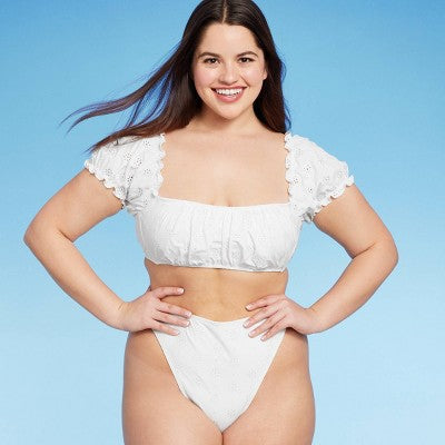  Women's Puff Sleeve Eyelette Bralette Bikini Top - Wild Fable™ White