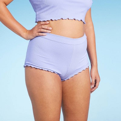  Women's Ruffle Detail Ribbed Cheeky Boyshorts Bikini Bottom - Wild Fable™ Purple
