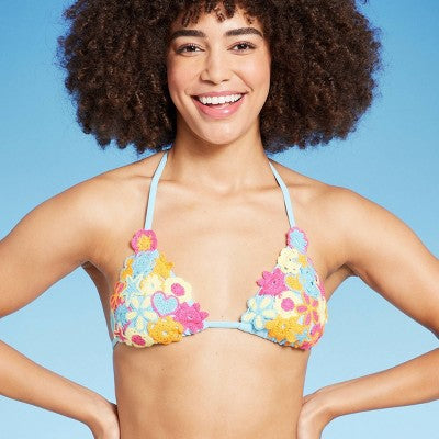  Women's Mixed Icon Crochet Triangle Bikini Top - Wild Fable™ Blue