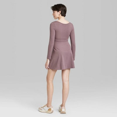 Women's Long Sleeve Twist-Front Mini Knit Skater Dress - Wild Fable™