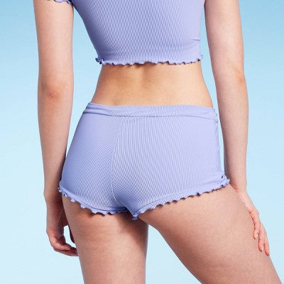  Women's Ruffle Detail Ribbed Cheeky Boyshorts Bikini Bottom - Wild Fable™ Purple