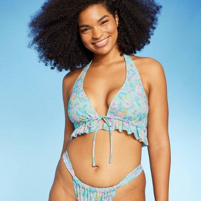  Women's Ruffle Tie-Front Halter Bikini Top - Wild Fable™ Green Floral Print