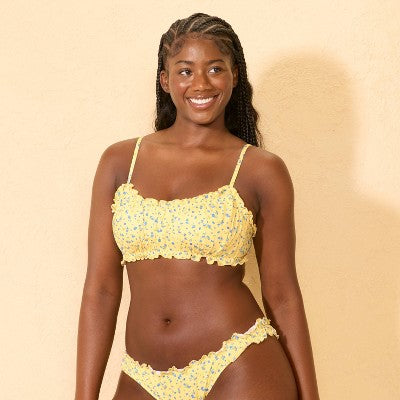  Women's Ruffle Edge Shirred Bralette Bikini Top - Wild Fable™ Yellow/Blue Floral