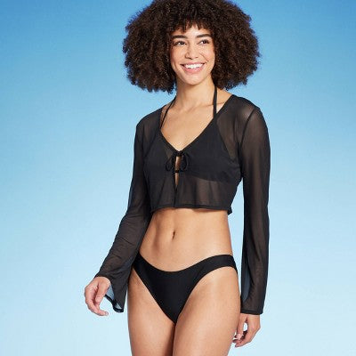 Women's Tie-Front Cropped Mesh Cover Up Cardigan - Wild Fable™