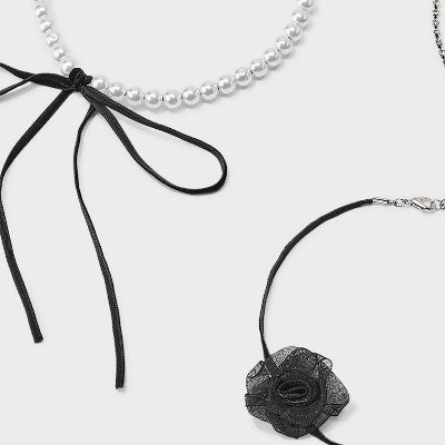  Crystal Faux Pearl & Ribbon Choker Necklace Set 5pc - Wild Fable™ Black/Silver