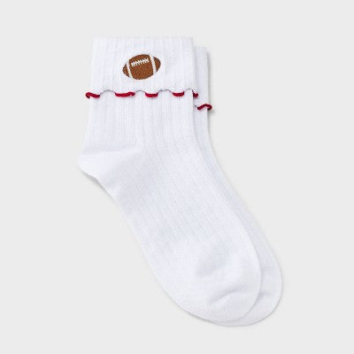  Women's Game Day Embroidered Football Pointelle Bobby Socks With Lettuce Edge Cuff - Wild Fable™