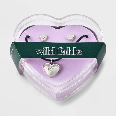  Heart Cord And Ear Pendant Necklace Set 2pc - Wild Fable™ Black/Silver
