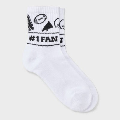  Women's Game Day "#1 Fan" Ribbed Cushioned Mid Crew Socks - Wild Fable™ White/Black 4-10