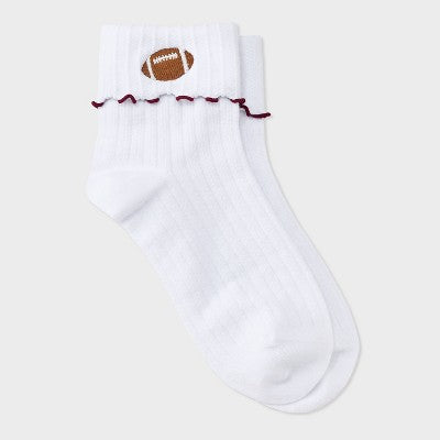  Women's Game Day Embroidered Football Pointelle Bobby Socks With Lettuce Edge Cuff - Wild Fable™