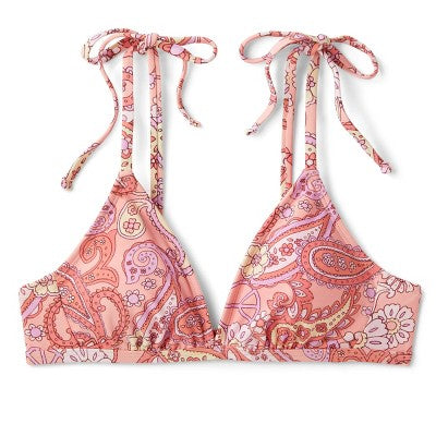 Women's Shoulder Tie Bralette Bikini Top - Wild Fable™ Peach Paisley Print