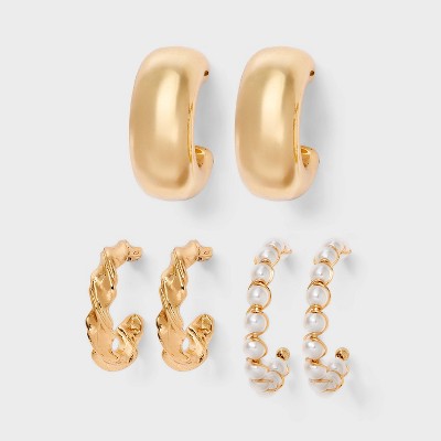  Smooth Twist And Pearl Hoop Earring Set 3pc - Wild Fable™ Gold