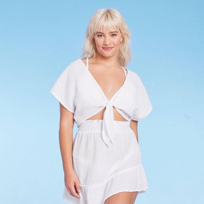  Women's Tie-Front Cover Up Short Sleeve Crop Top - Wild Fable™ White