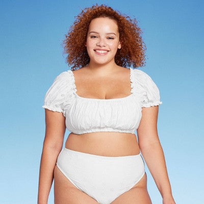  Women's Puff Sleeve Eyelette Bralette Bikini Top - Wild Fable™ White