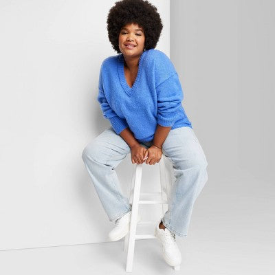  Women's V-Neck Fuzzy Oversized Pullover Sweater - Wild Fable™