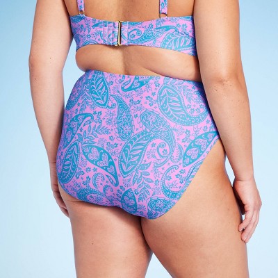  Women's Paisley Print High Waist Medium Coverage High Leg Bikini Bottom - Wild Fable™ Blue/Pink