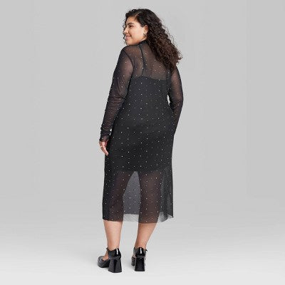  Women's Long Sleeve Rhinestone Mesh Midi Dress - Wild Fable™ Black