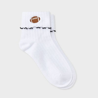  Women's Game Day Embroidered Football Pointelle Bobby Socks With Lettuce Edge Cuff - Wild Fable™