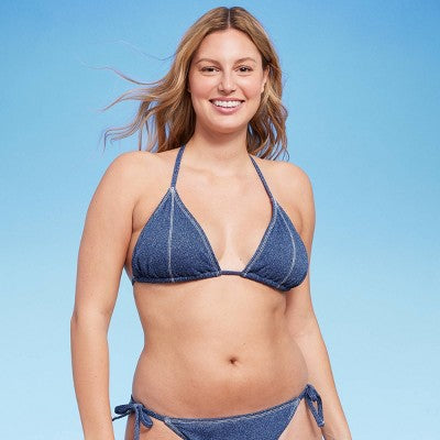  Women's Denim Textured Triangle Bikini Top - Wild Fable™ Denim Blue