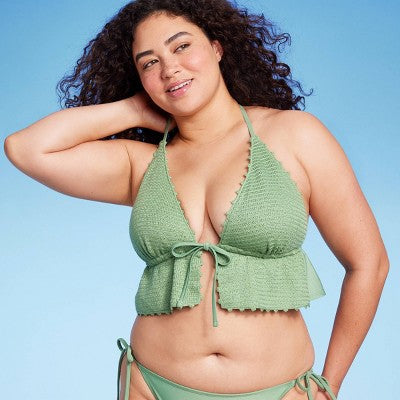  Women's Crochet Tie-Front Longline Bikini Top - Wild Fable™ Soft Green