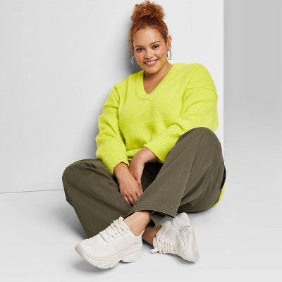  Women's V-Neck Fuzzy Oversized Pullover Sweater - Wild Fable™