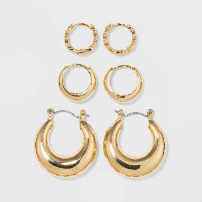  Trio Hoop Earring Set 3pc - Wild Fable™ Gold: Brass Nickel-Free Metal, Clip-In Clasp