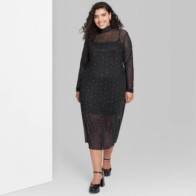  Women's Long Sleeve Rhinestone Mesh Midi Dress - Wild Fable™ Black
