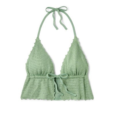 Women's Crochet Tie-Front Longline Bikini Top - Wild Fable™ Soft Green