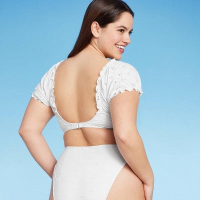  Women's Puff Sleeve Eyelette Bralette Bikini Top - Wild Fable™ White