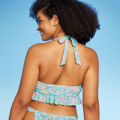  Women's Ruffle Tie-Front Halter Bikini Top - Wild Fable™ Green Floral Print