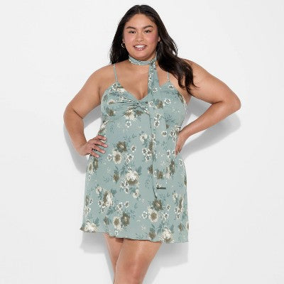  Women's Twist Front Scarf Mini Dress - Wild Fable™ Dark Green Floral