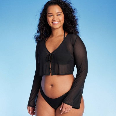  Women's Tie-Front Cropped Mesh Cover Up Cardigan - Wild Fable™