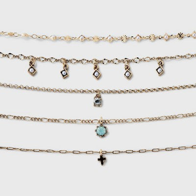  Mixed Charms And Tassel Choker Necklace Set 5pc - Wild Fable™ Gold