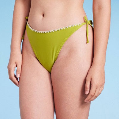  Women's Crochet Trim Side-Tie High Leg Extra Cheeky Bikini Bottom - Wild Fable™ Green