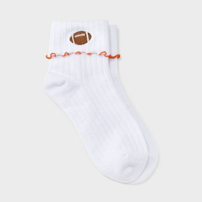  Women's Game Day Embroidered Football Pointelle Bobby Socks With Lettuce Edge Cuff - Wild Fable™