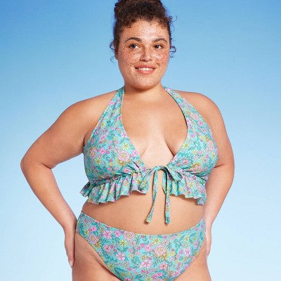  Women's Ruffle Tie-Front Halter Bikini Top - Wild Fable™ Green Floral Print