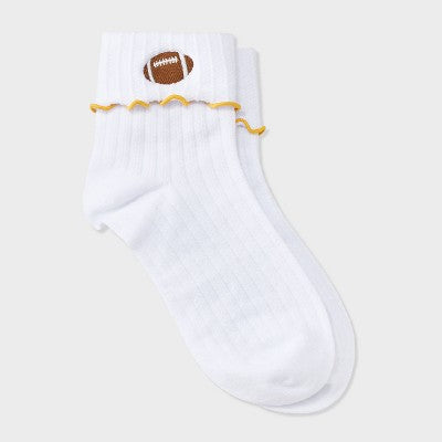 Women's Game Day Embroidered Football Pointelle Bobby Socks With Lettuce Edge Cuff - Wild Fable™