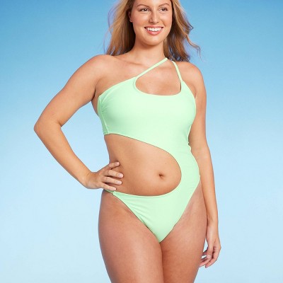  Women's One Shoulder Cut Out One Piece Swimsuit - Wild Fable™ Light Green