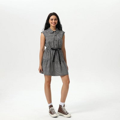  Women's Mini Cap Sleeve Elastic Waistband Mini Dress - Wild Fable™ Black Gingham