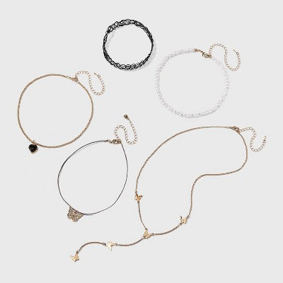  Butterfly And Pearl Heart Choker Necklace Set 5pc - Wild Fable™ Gold