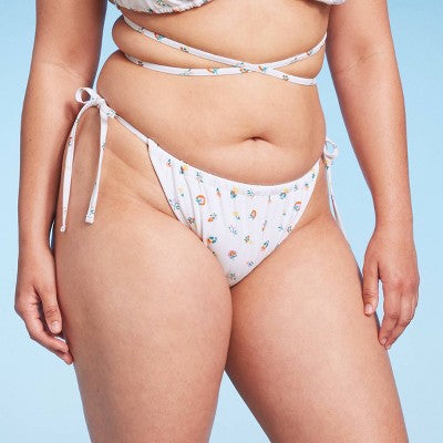  Women's Floral Print Side-Tie Ultra High Leg Adjustable Coverage Bikini Bottom - Wild Fable™ White