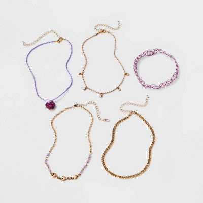  Embellished Heart Choker Necklace Set 5pc - Wild Fable™ Gold/Purple
