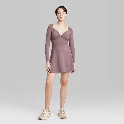  Women's Long Sleeve Twist-Front Mini Knit Skater Dress - Wild Fable™