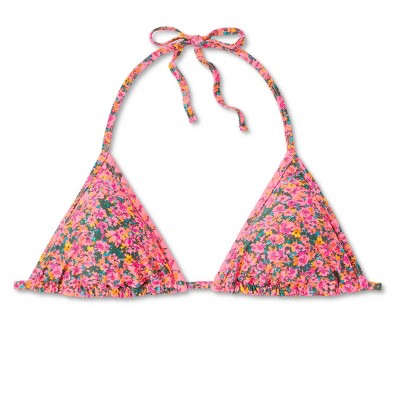  Women's Crochet Trim Triangle Bikini Top - Wild Fable™ Pink Floral Print