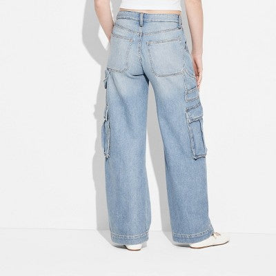  Women's Mid-Rise Wide Leg Cargo Baggy Jeans - Wild Fable™