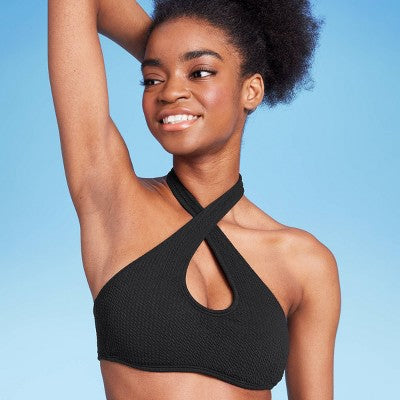  Women's Cross Front Pucker Textured Halter Bikini Top - Wild Fable™