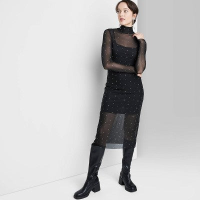  Women's Long Sleeve Rhinestone Mesh Midi Dress - Wild Fable™ Black