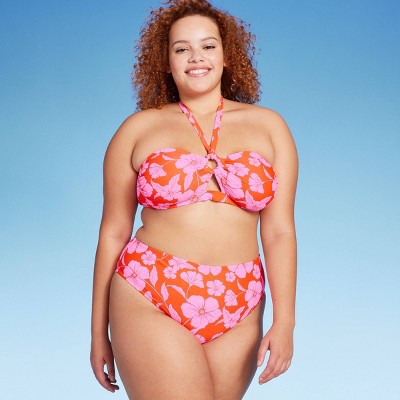  Women's High Leg Extra Cheeky Low-Rise Bikini Bottom - Wild Fable™ Orange/Pink Tropical Print
