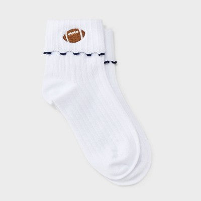  Women's Game Day Embroidered Football Pointelle Bobby Socks With Lettuce Edge Cuff - Wild Fable™