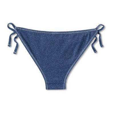  Women's Denim Textured Scoop Front High Leg Cheeky Bikini Bottom - Wild Fable™ Denim Blue